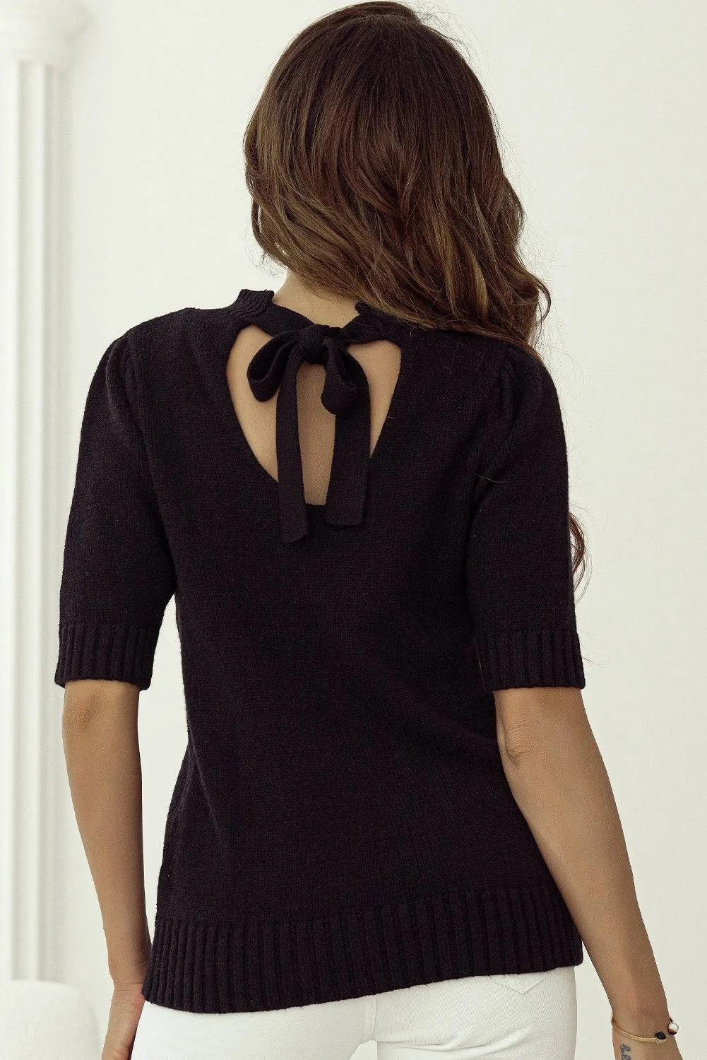Black Knotted Keyhole Nape Short Sleeve Knit Sweater sold by eAura product image thumbnail 2