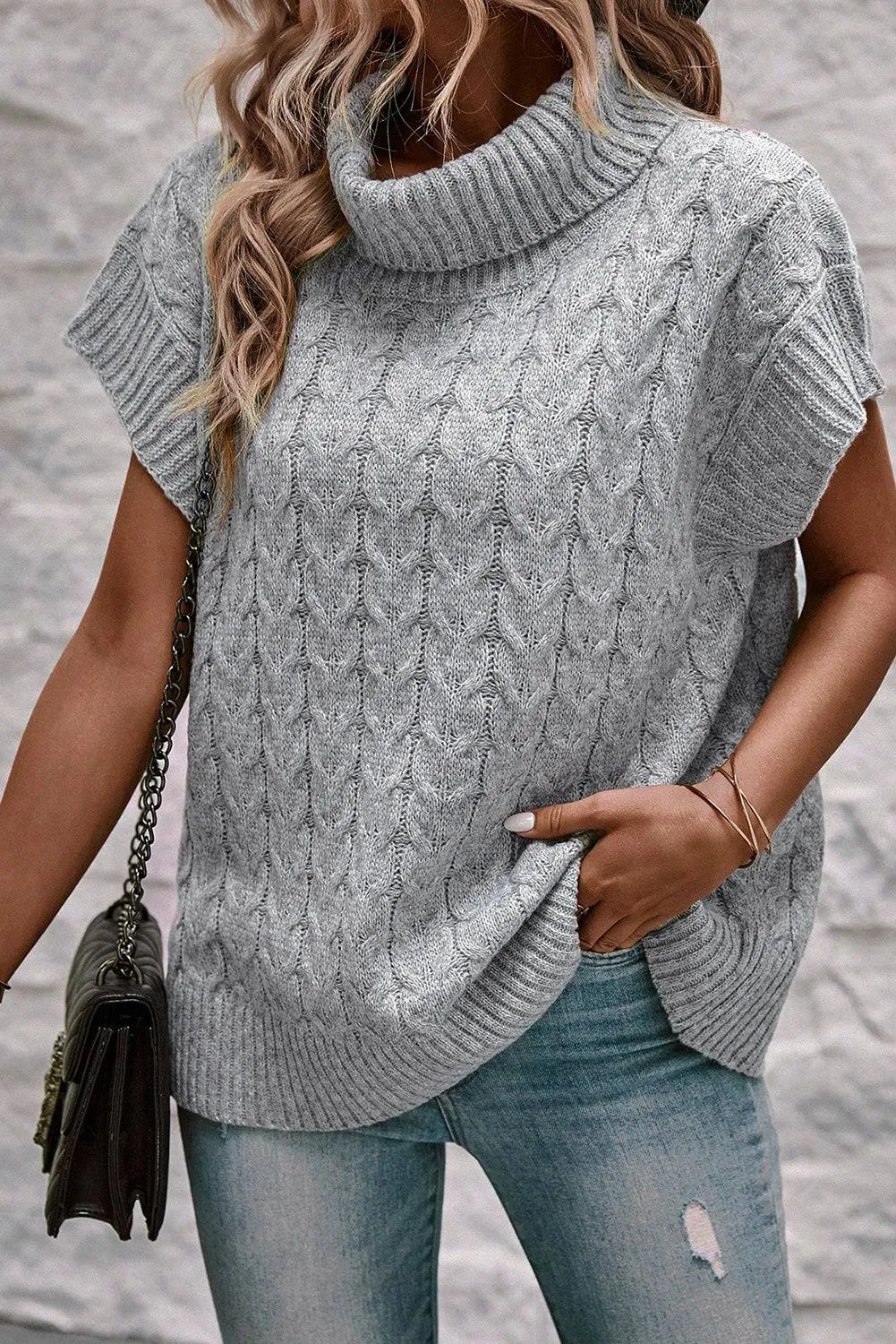 Medium Grey Cable Knit Turtleneck Batwing Sleeve Sweater sold by eAura product image thumbnail 3
