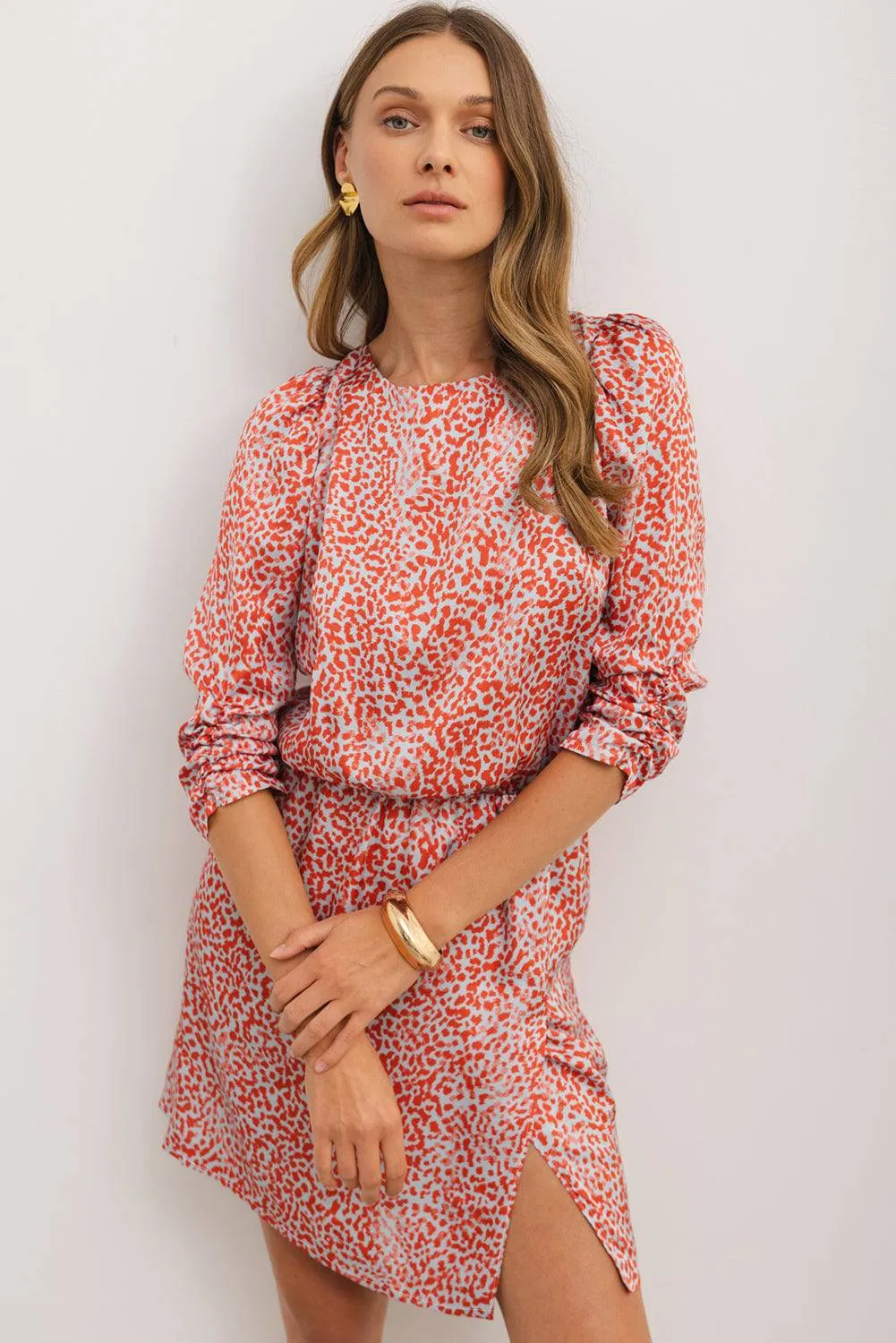 Tomato Red Leopard Print Long Sleeve Hollowed Back Split Mini Dress sold by eAura product image thumbnail 3