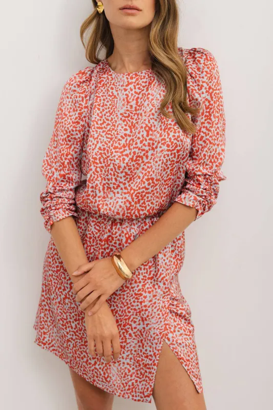 Tomato Red Leopard Print Long Sleeve Hollowed Back Split Mini Dress sold by eAura