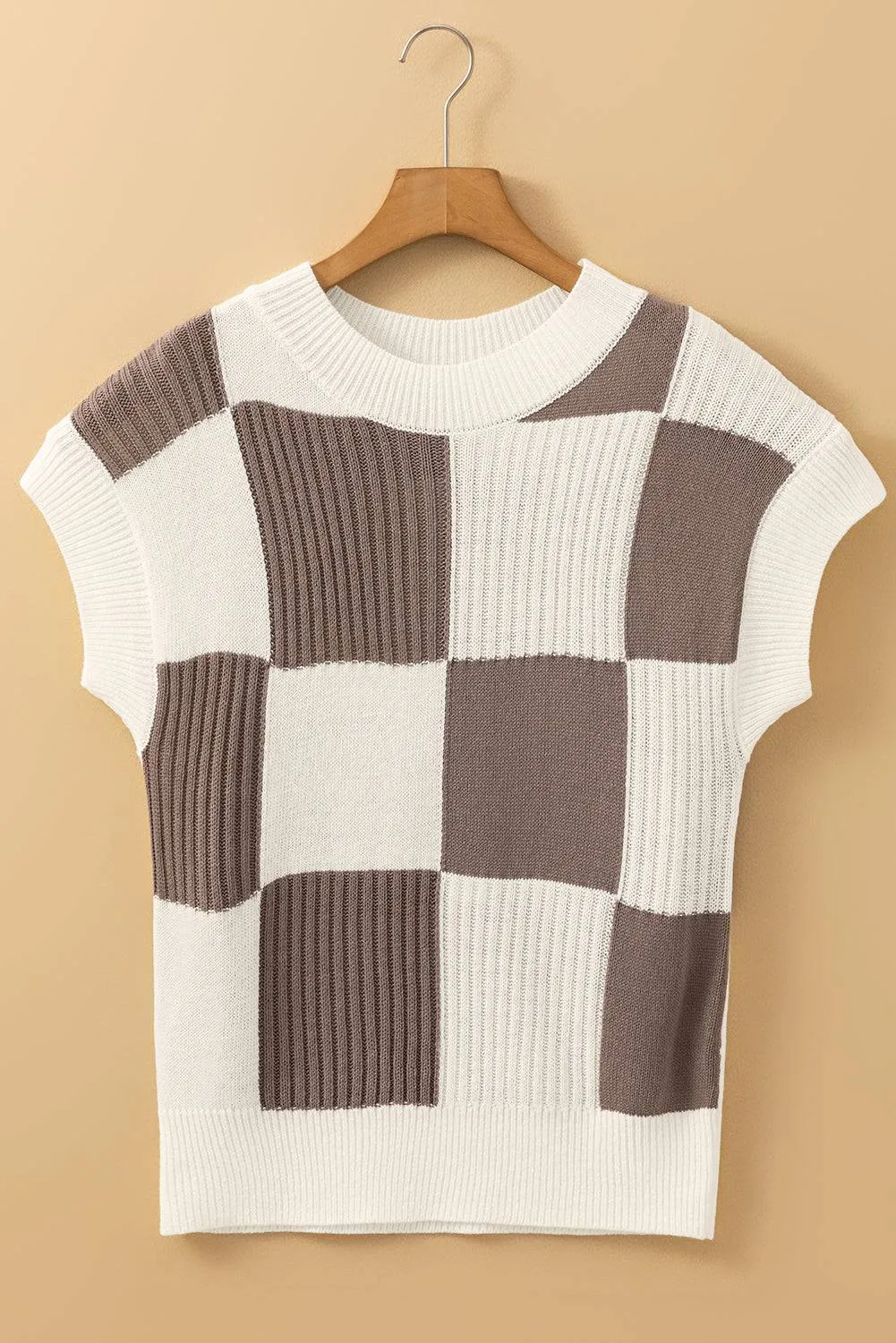 Khaki Checkered Colour Block Crew Neck Short Sleeve Sweater sold by eAura product image thumbnail 4