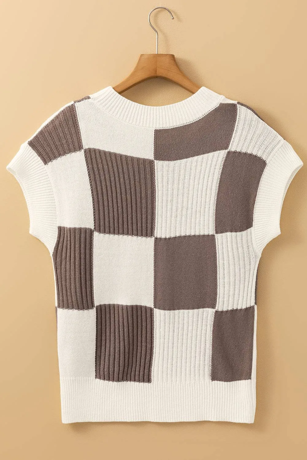 Khaki Checkered Colour Block Crew Neck Short Sleeve Sweater sold by eAura product image thumbnail 5