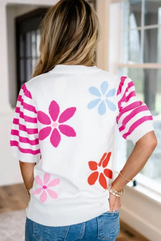 White Floral Pattern Striped Sleeve Sweater T Shirt sold by eAura