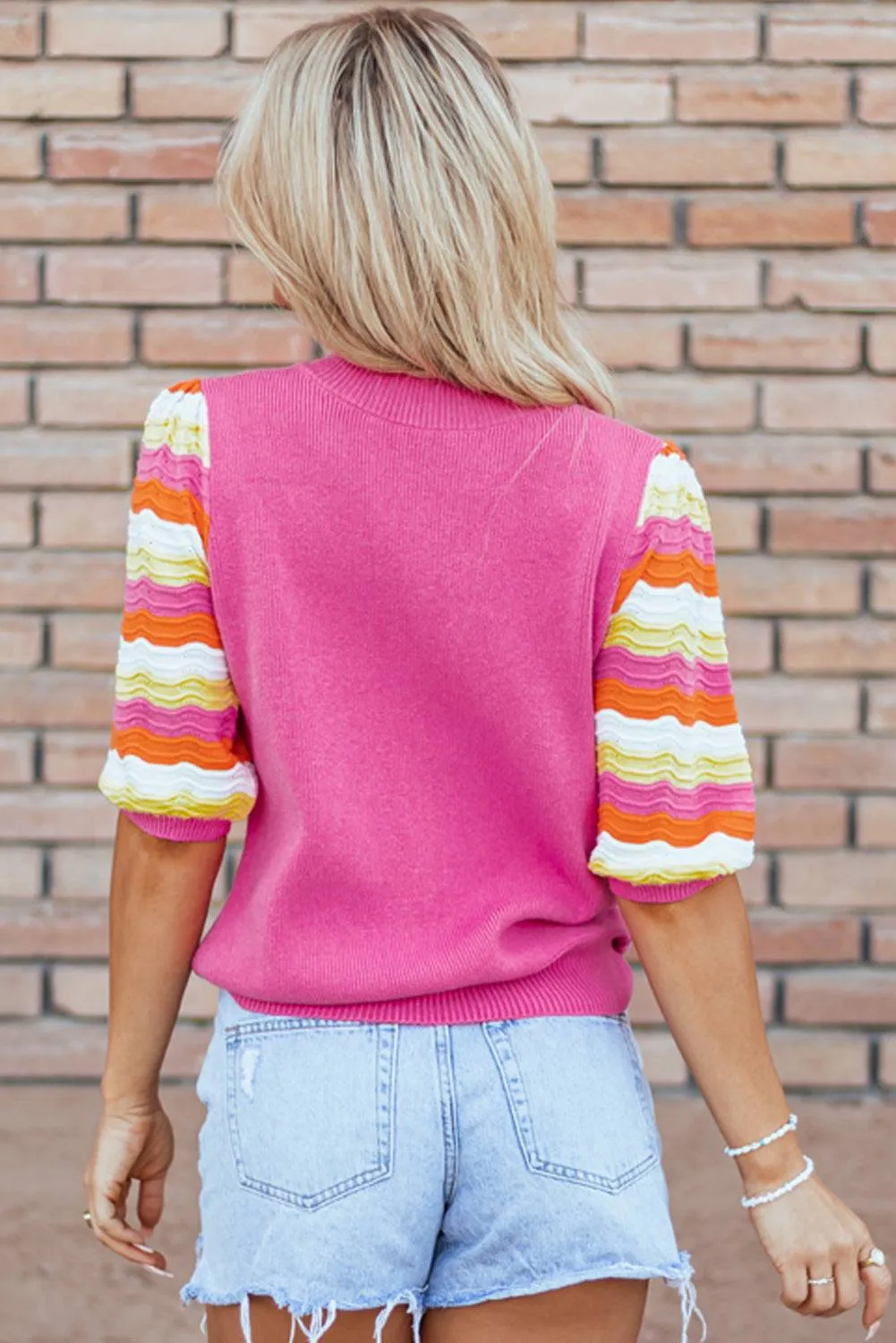 Pink Ribbed Knit Contrast Sleeve Sweater Top sold by eAura product image thumbnail 2