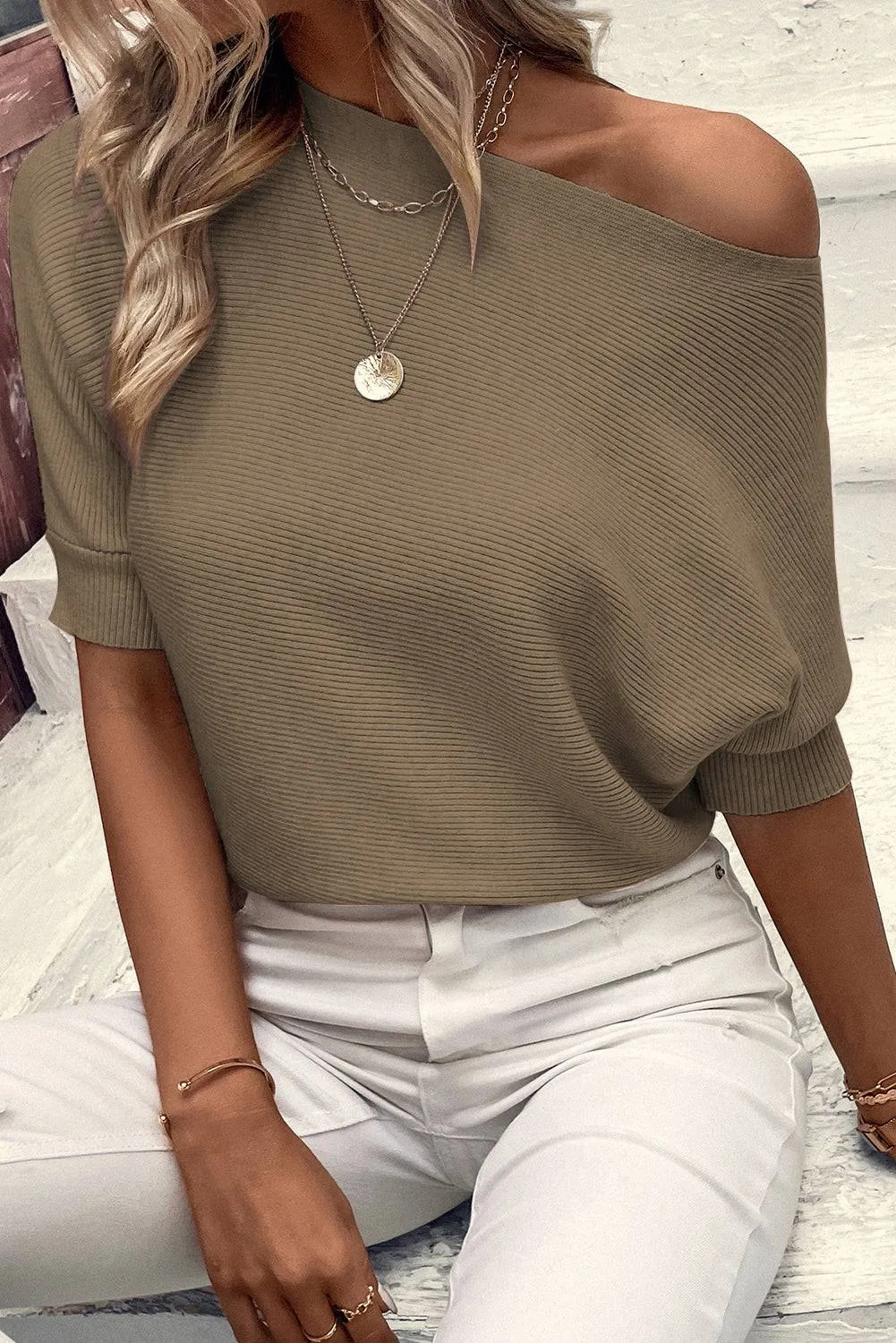 Coffee Round Neck Half Sleeve Ribbed Knit Top sold by eAura