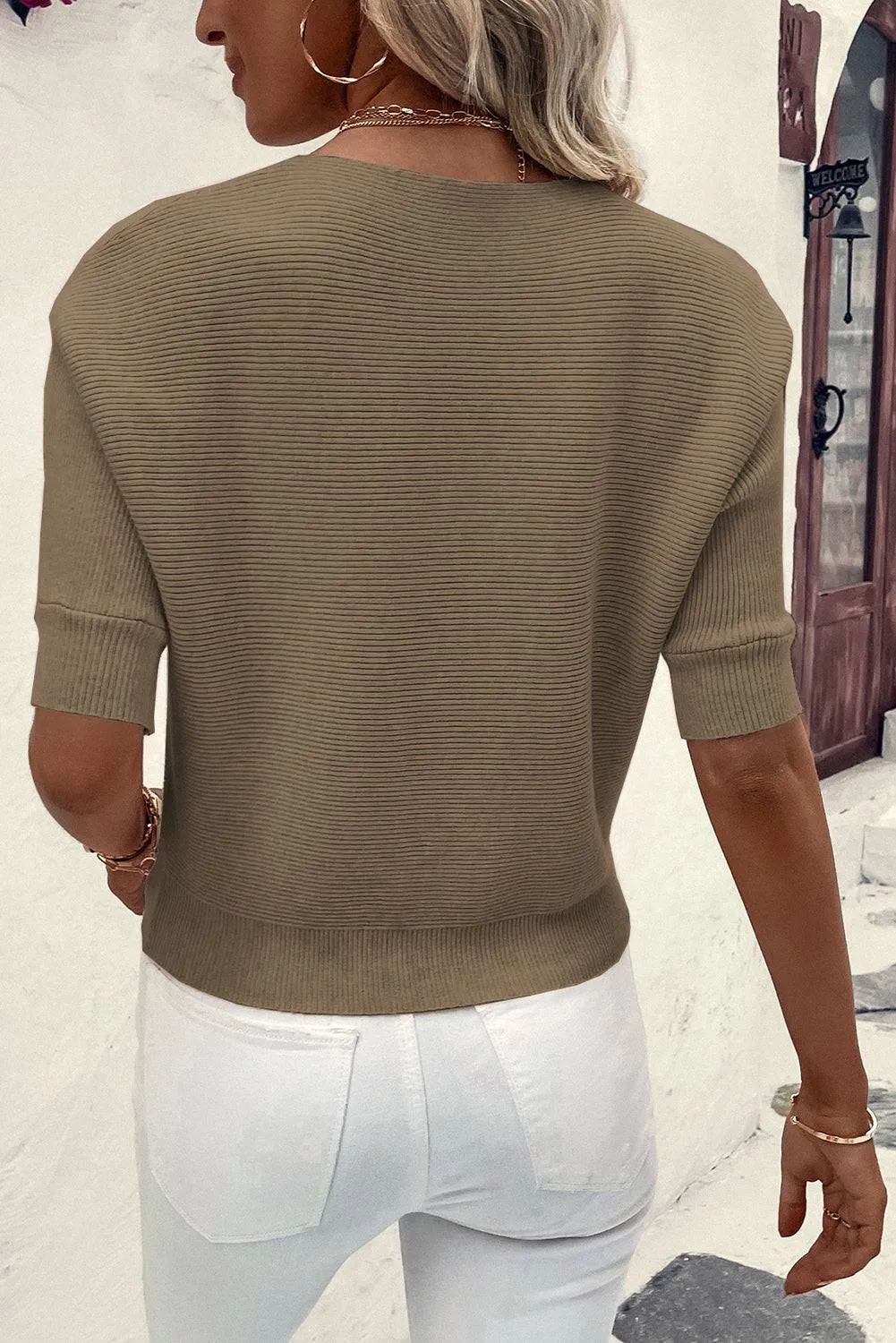 Coffee Round Neck Half Sleeve Ribbed Knit Top sold by eAura product image thumbnail 2