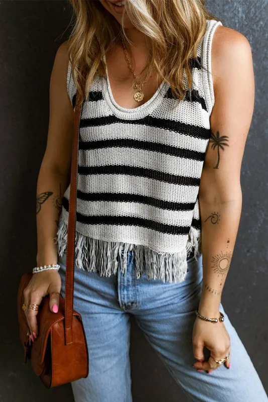 Beige Stripe Loose Knit Fringe Tank Top sold by eAura