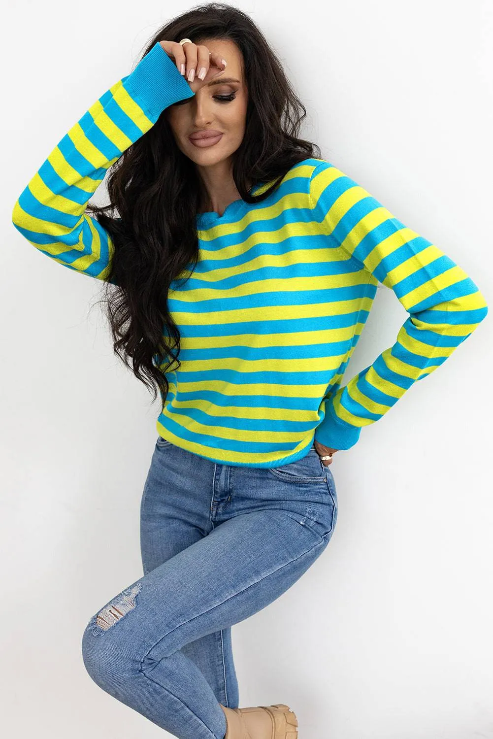 Green Stripe Crew Neck Drop Shoulder Casual Sweater sold by eAura product image thumbnail 3