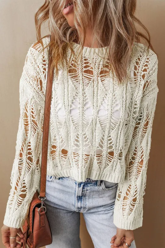 White Cut Out Crochet Crew Neck Loose Fit Sweater sold by eAura