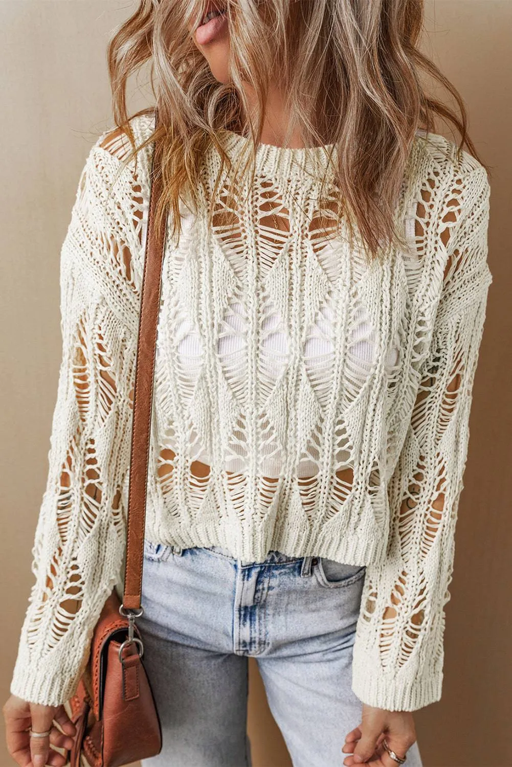 White Cut Out Crochet Crew Neck Loose Fit Sweater sold by eAura