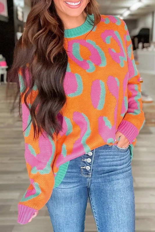 Orange Leopard Colourblock Ribbed Edge Sweater sold by eAura