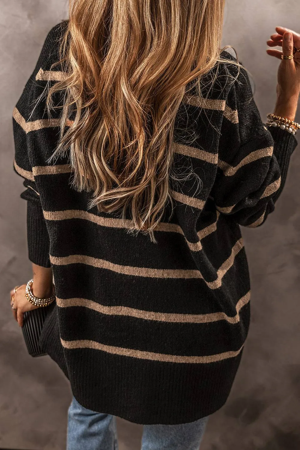 Black Stripe Buttoned V Neck Drop Shoulder Loose Cardigan sold by eAura product image thumbnail 2