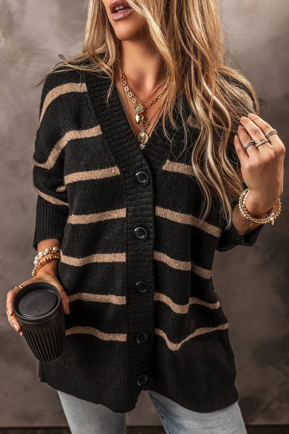 Black Stripe Buttoned V Neck Drop Shoulder Loose Cardigan sold by eAura product image thumbnail 3