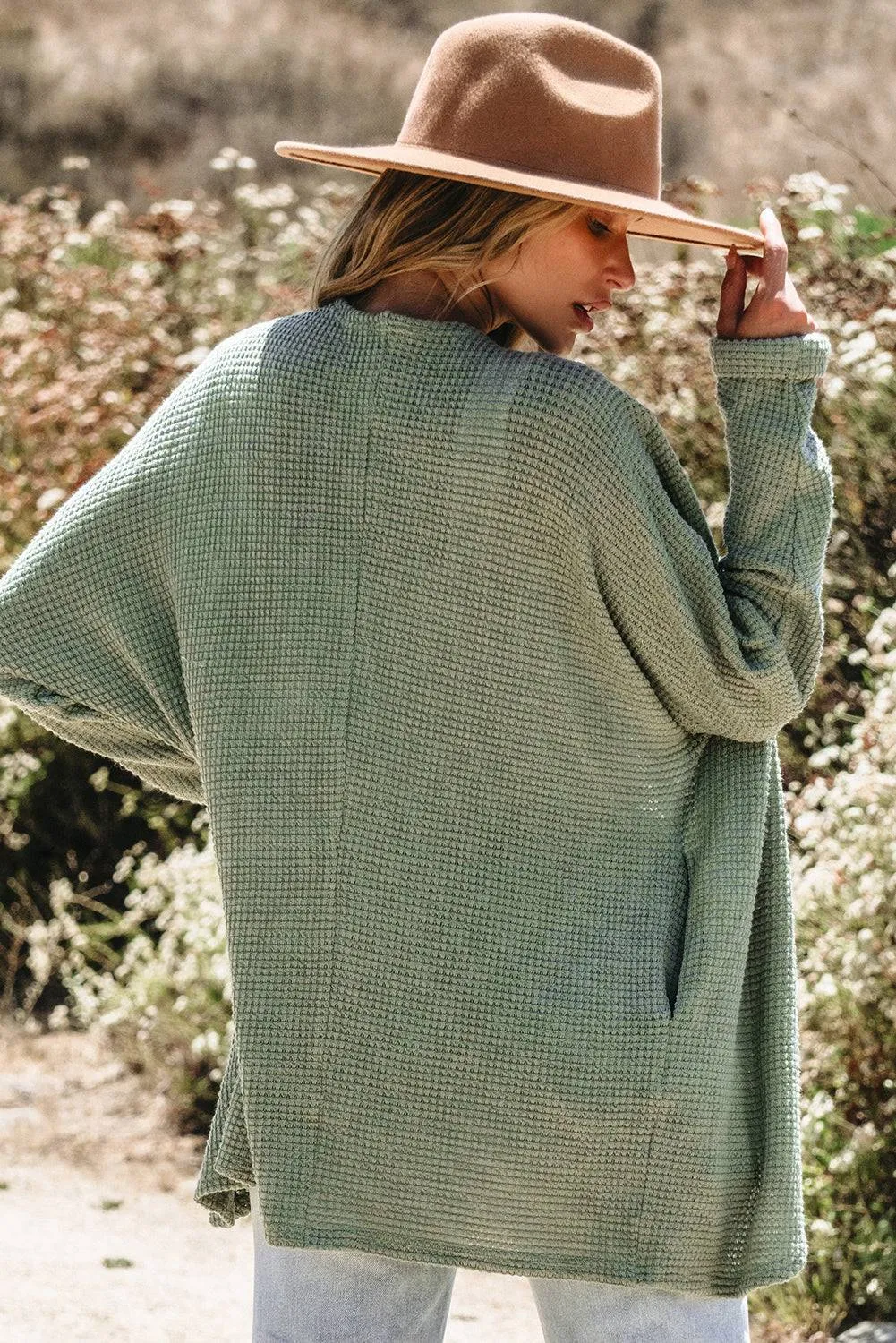 Laurel Green Waffle Knit Open Front Cardigan sold by eAura product image thumbnail 2