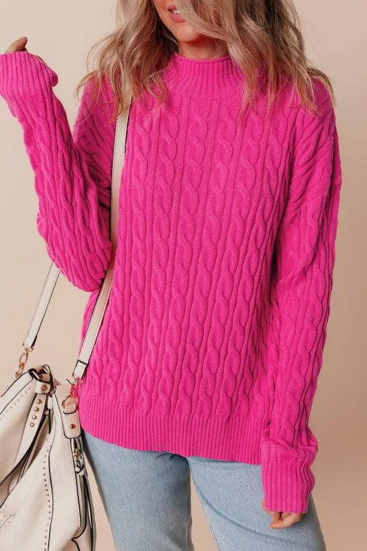 Rose Red Solid Cable Knit High Neck Drop Shoulder Sweater sold by eAura