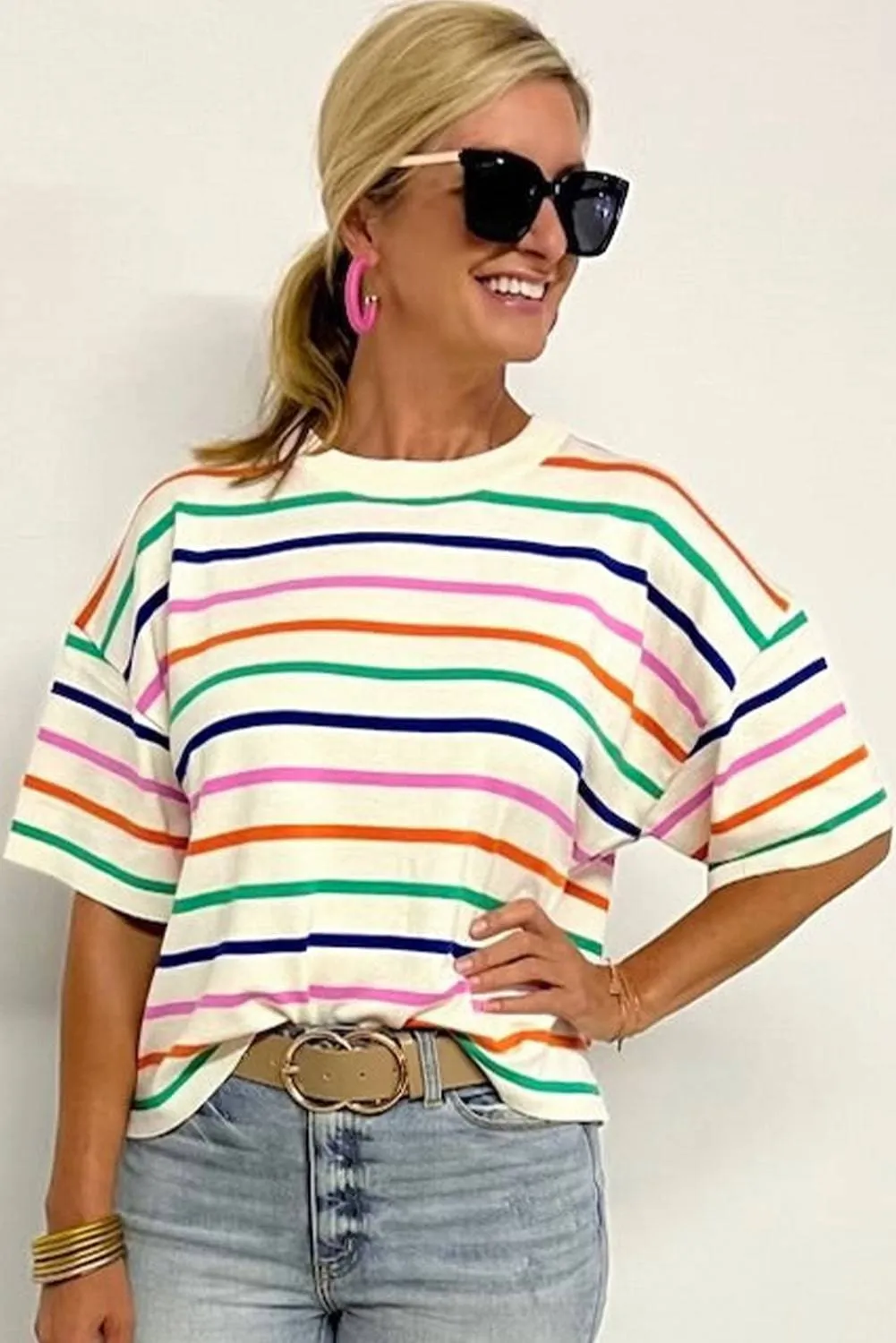 Beige Stripe Dropped Short Sleeve Boxy Fit Knitted Top sold by eAura product image thumbnail 3