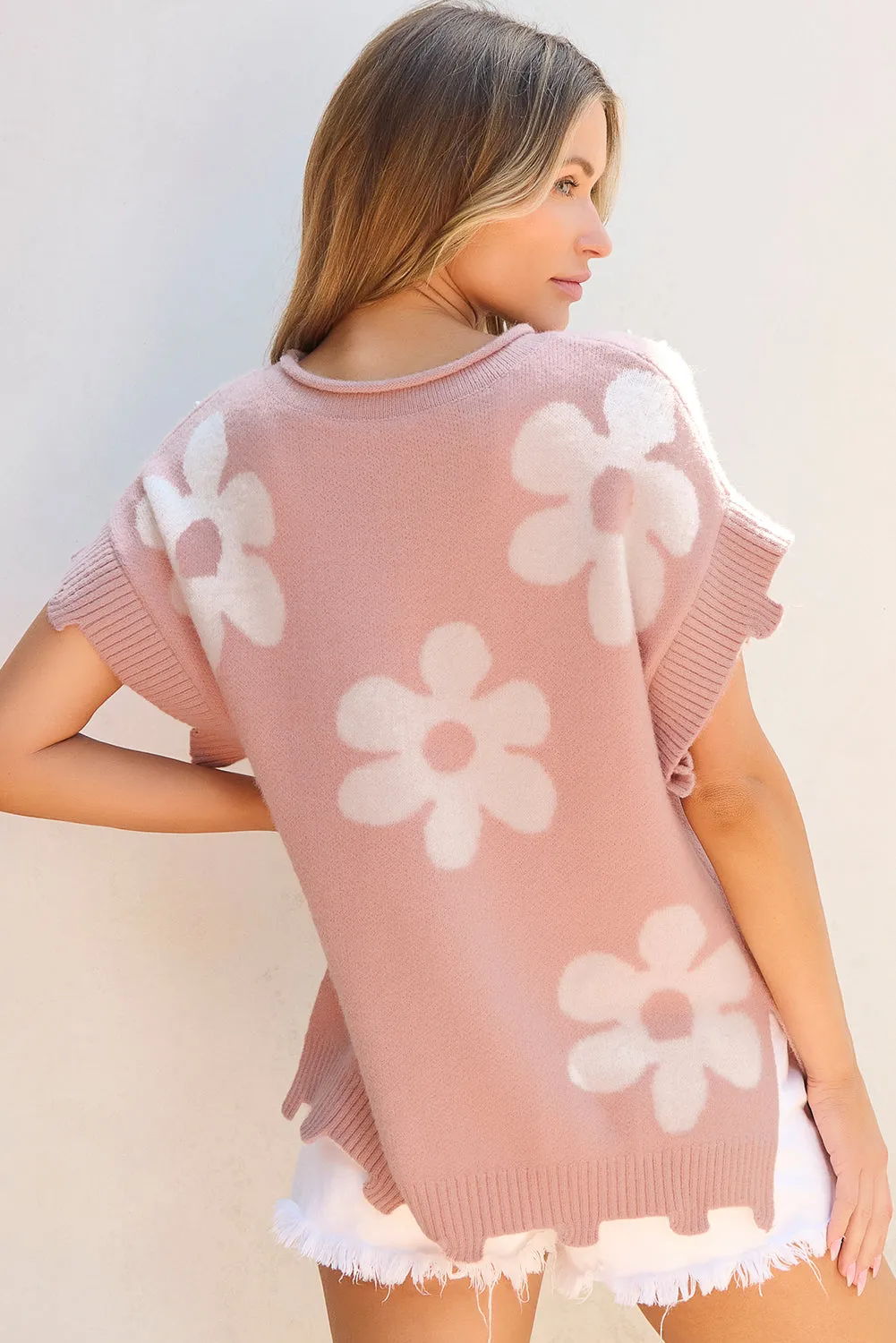 Light Pink Pearled Flower Distressed Edge Sweater T Shirt sold by eAura product image thumbnail 2