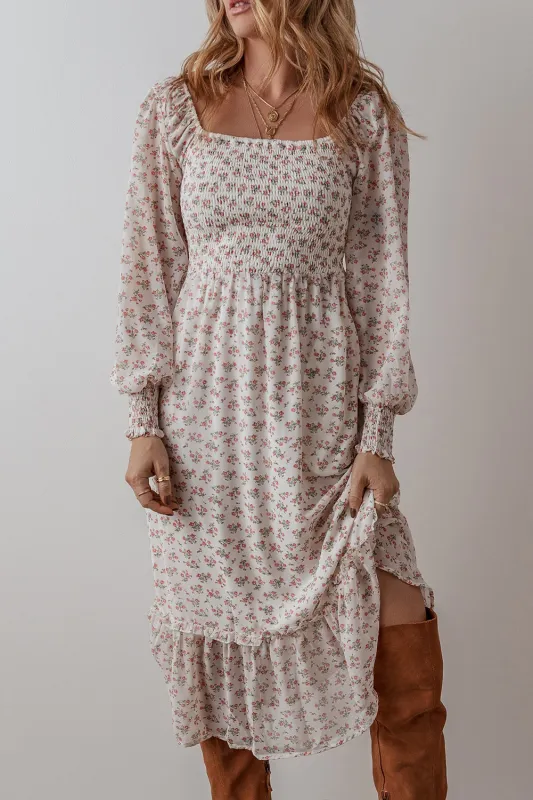 White Floral Print Shirred Ruffled Hem Square Neck Midi Dress sold by eAura