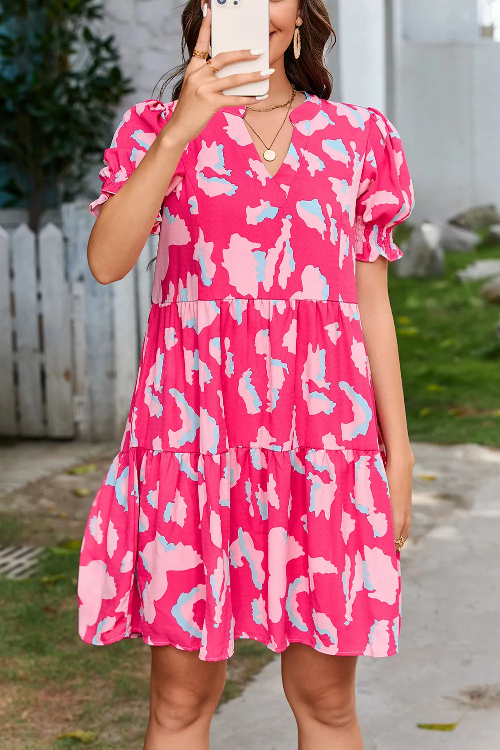Pink Abstract Printed Puff Short Sleeve Tiered Loose Dress sold by eAura