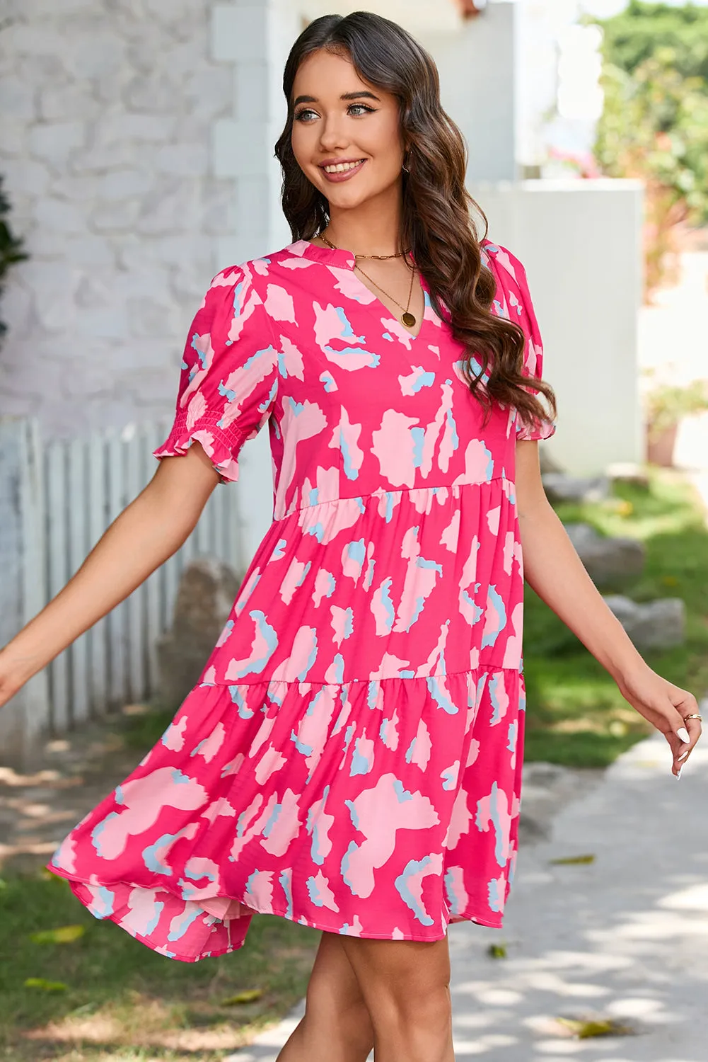 Pink Abstract Printed Puff Short Sleeve Tiered Loose Dress sold by eAura product image thumbnail 3