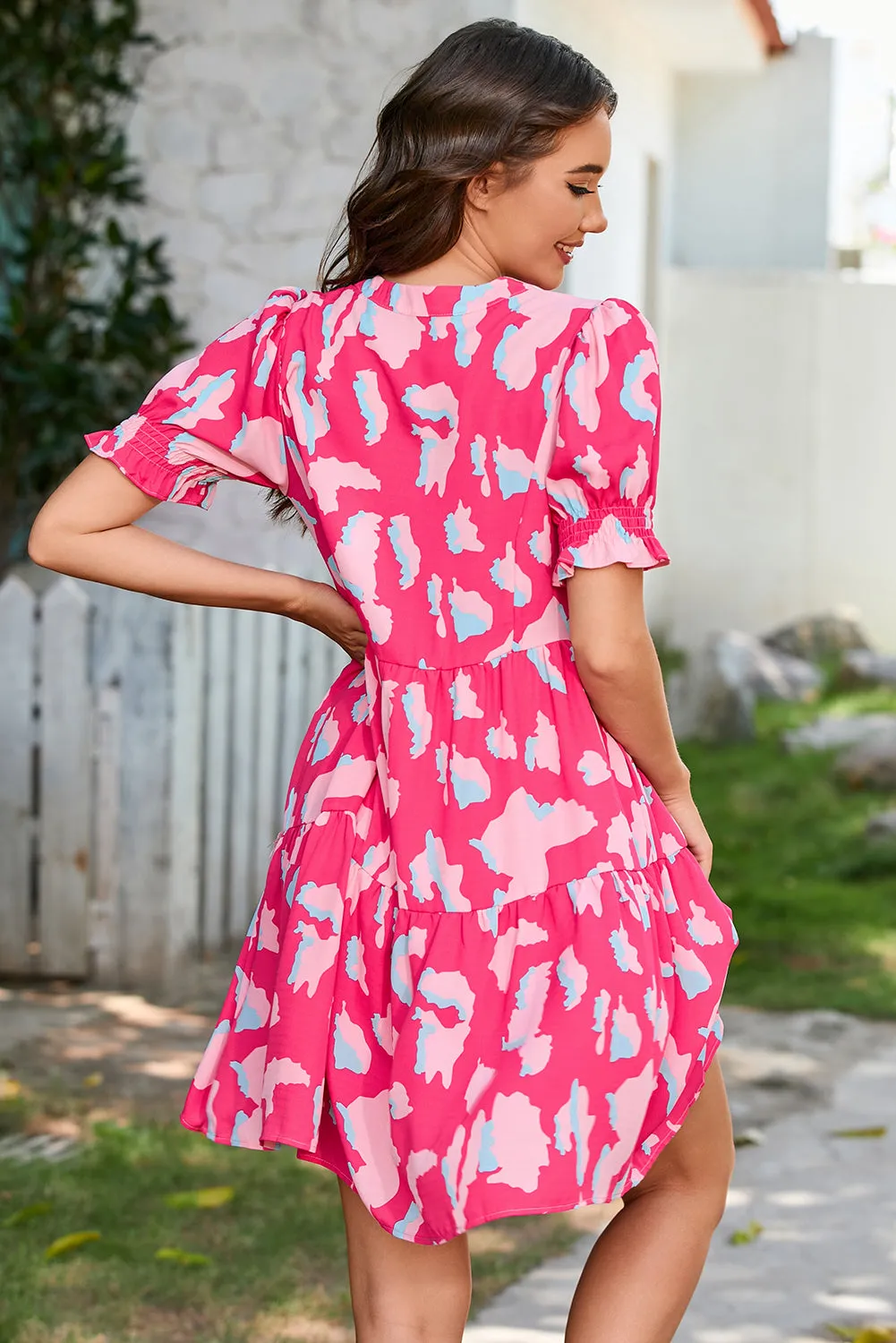 Pink Abstract Printed Puff Short Sleeve Tiered Loose Dress sold by eAura product image thumbnail 2