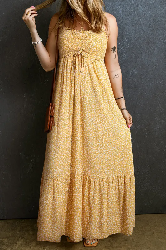 Yellow Frilly Smocked High Waist Floral Maxi Dress sold by eAura