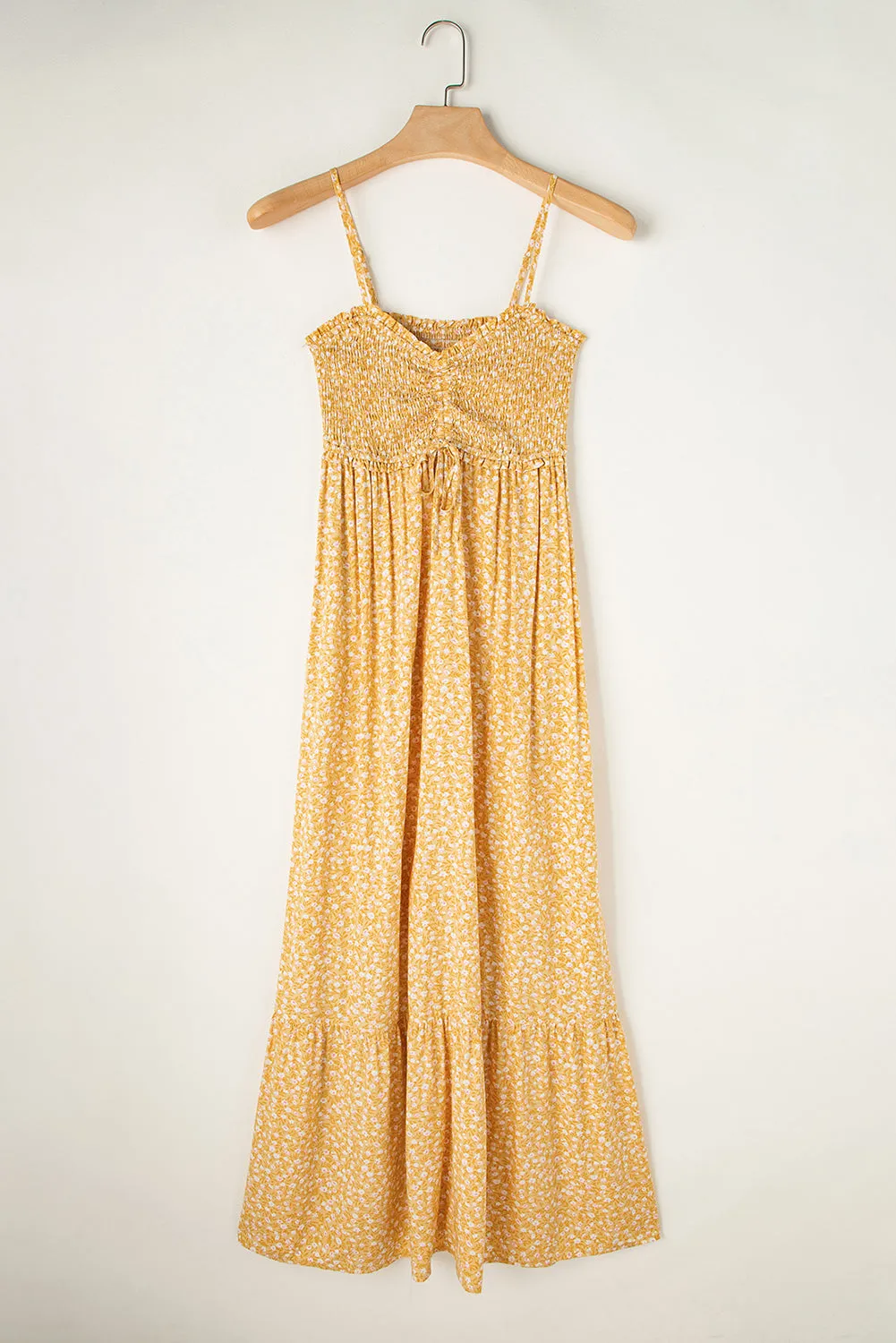 Yellow Frilly Smocked High Waist Floral Maxi Dress sold by eAura product image thumbnail 3