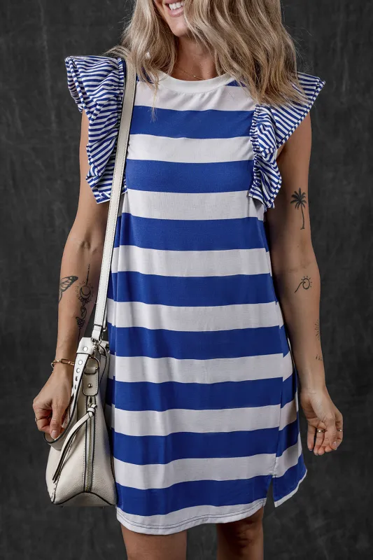 Sky Blue Stripe Contrast Ruffled Sleeve T-shirt Dress sold by eAura