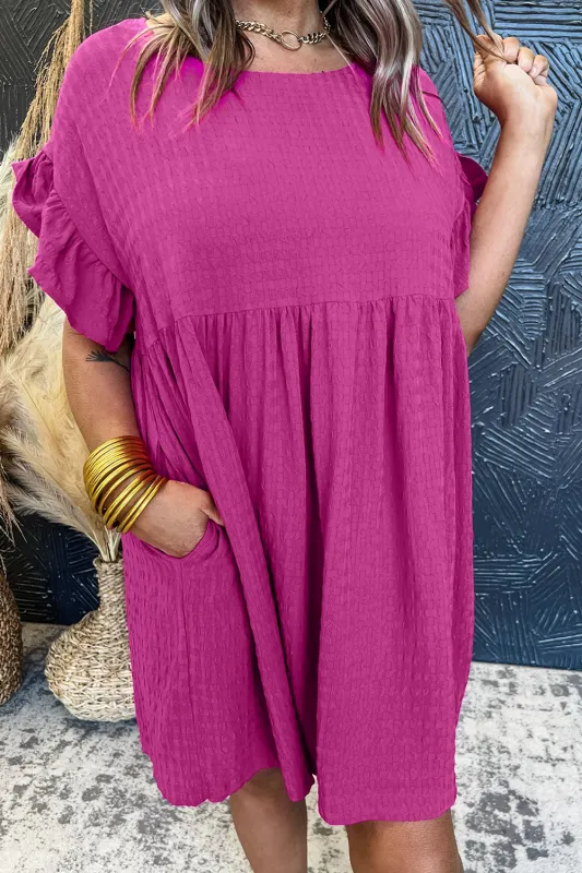 Rose Red Textured Ruffled Short Sleeve Mini Dress sold by eAura