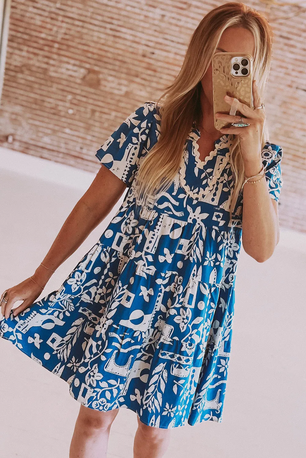Blue Ricrac Trim Split Neck Floral Loose Dress sold by eAura product image thumbnail 3