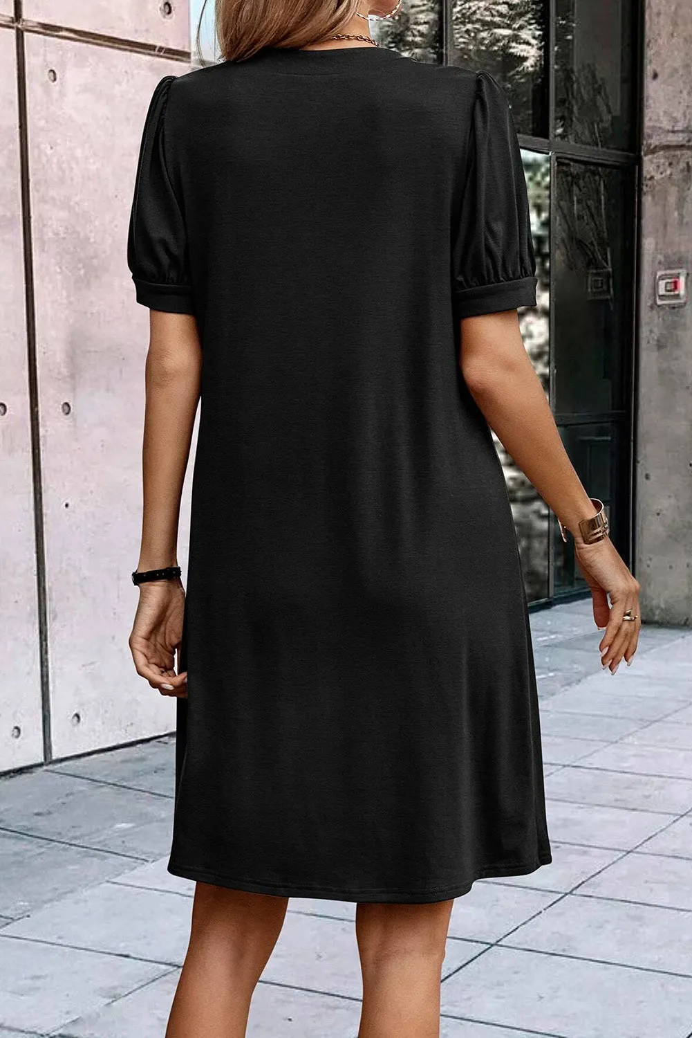 Fern Green Notched Neck Pleated Puff Sleeve Shift T-shirt Dress sold by eAura product image thumbnail 5