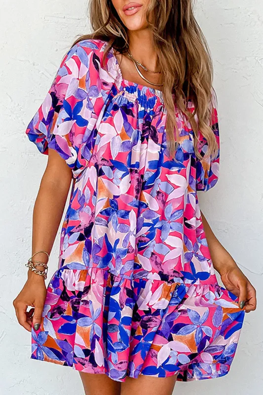 Purple Flower Print Short Puff Sleeve Ruffled Dress sold by eAura