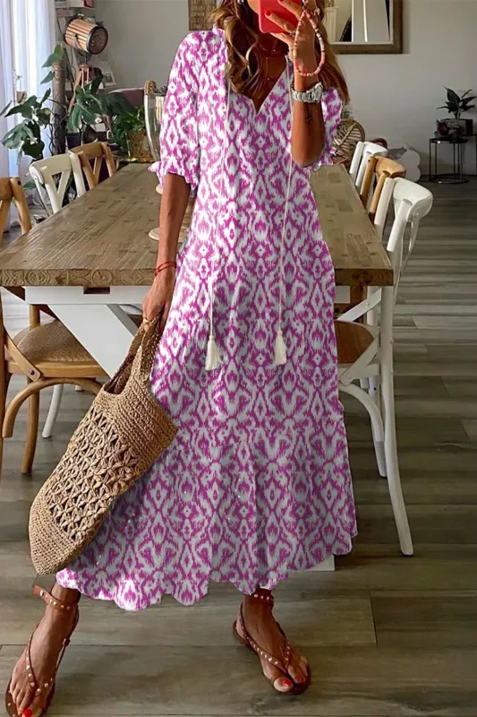 Pink V Neck Casual Geometric Print Maxi Dress sold by eAura