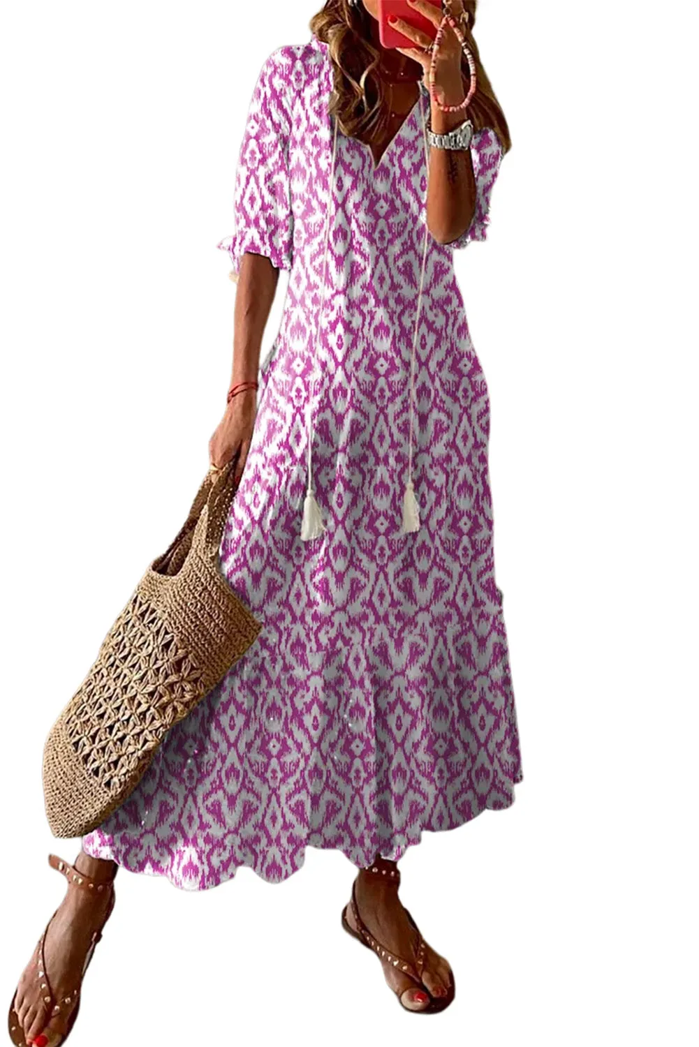 Pink V Neck Casual Geometric Print Maxi Dress sold by eAura product image thumbnail 3