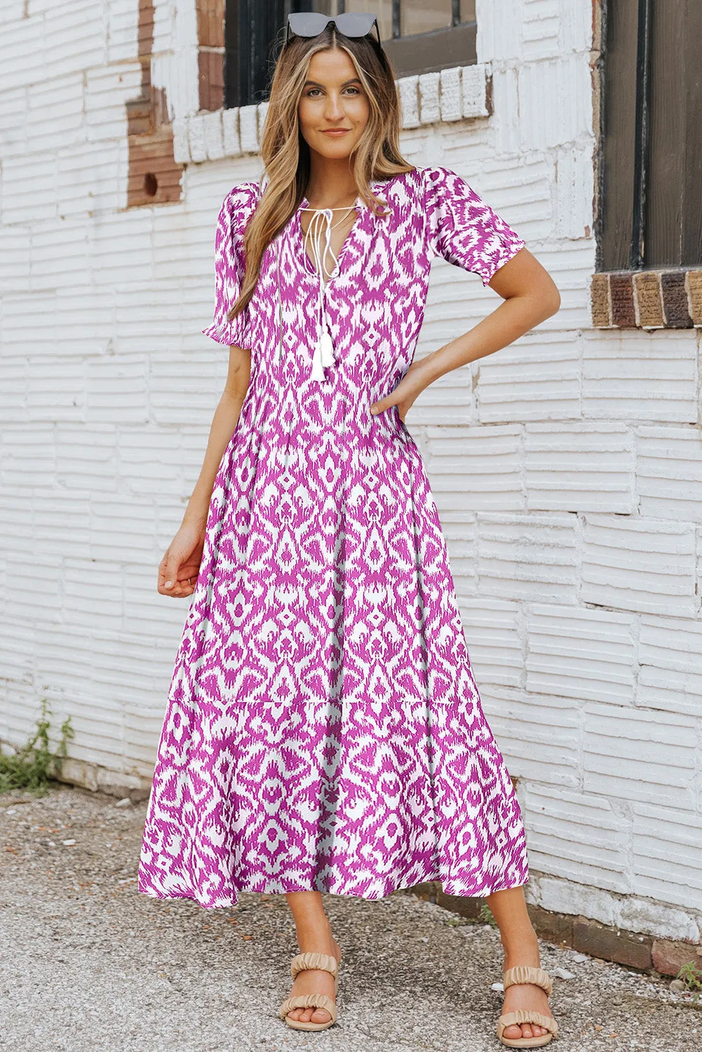 Pink V Neck Casual Geometric Print Maxi Dress sold by eAura product image thumbnail 2