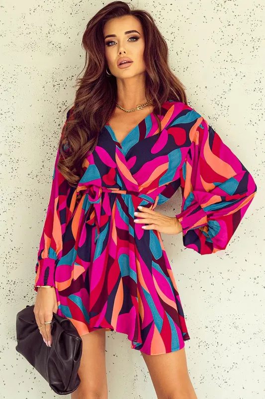 Fiery Red Abstract Printed Belted Puff Sleeve Mini Dress sold by eAura