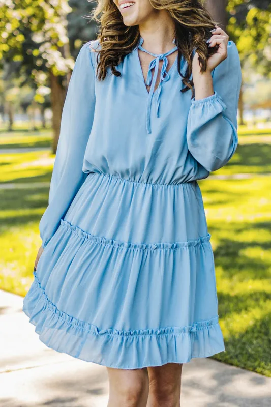 Light Blue V Neck Long Sleeve Ruffle Tiered Mini Dress sold by eAura