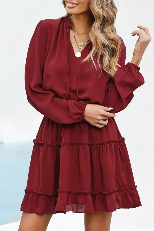 V Neck Long Sleeve Ruffle Tiered Mini Dress sold by eAura