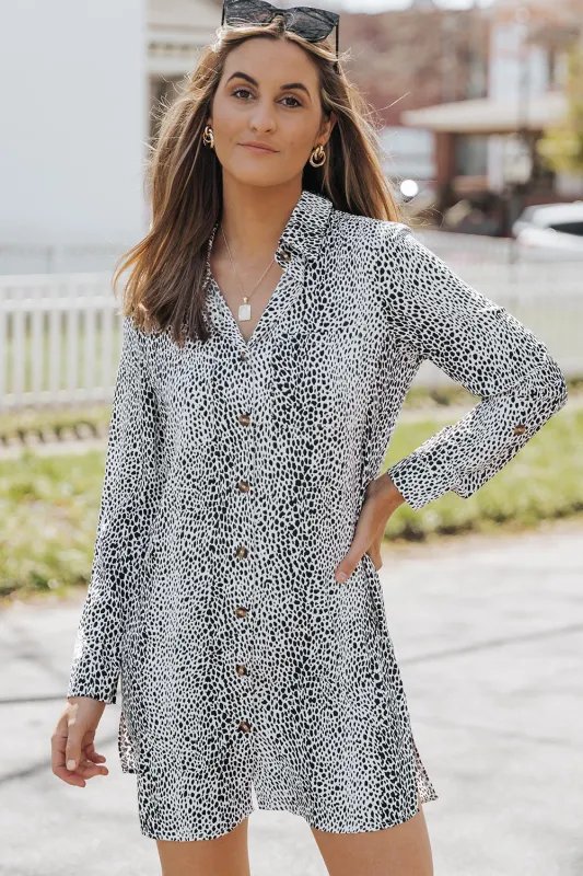 Long Sleeve Leopard Animal Print Shirt Dress sold by eAura