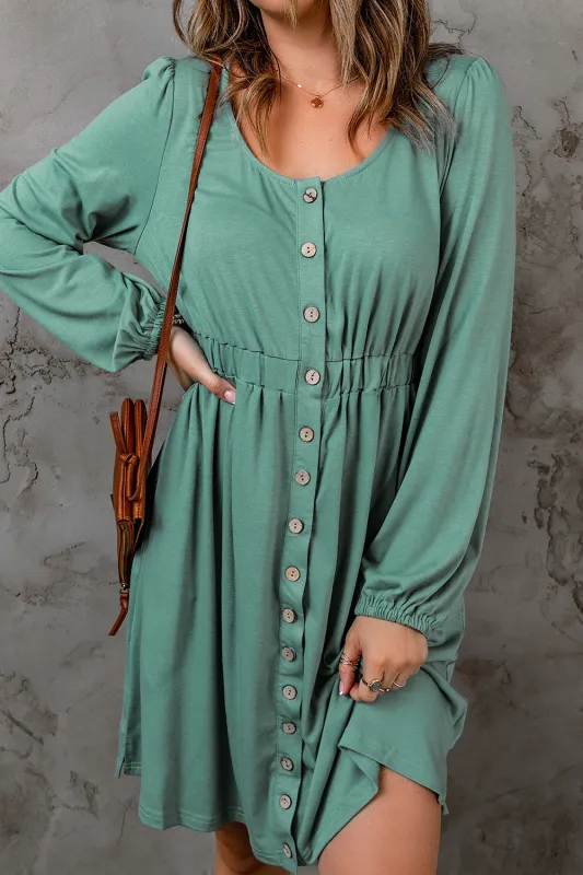 Green Button Up High Waist Long Sleeve Dress sold by eAura