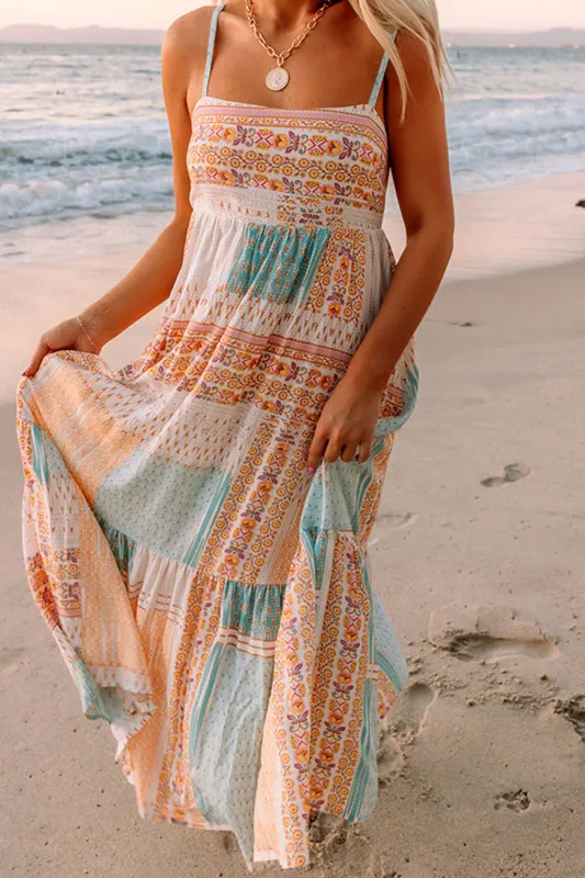 MultiColour Boho Patchwork Print Square Neck Maxi Sundress sold by eAura