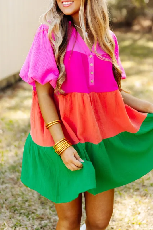 MultiColour Colour Block Tiered Puff Sleeve Dress sold by eAura