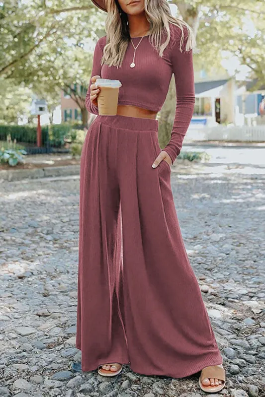 Solid Colour Ribbed Crop Top Long Trousers Set sold by eAura