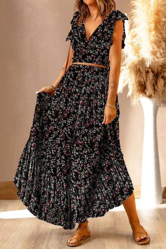 MultiColour Floral Ruffled Crop Top and Maxi Skirt Set sold by eAura