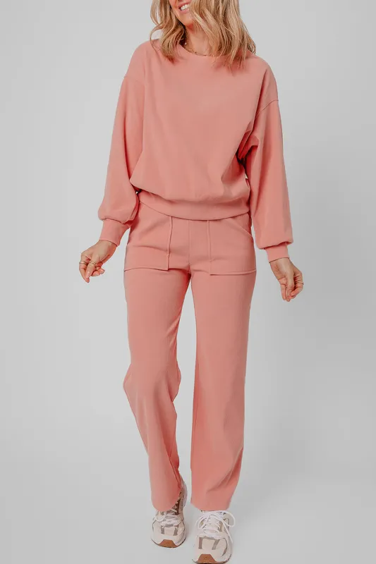 Blossom Ribbed Knit Drop Shoulder Pocketed Two Piece Lounge Set sold by eAura