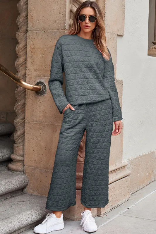 Dark Grey Solid Quilted Pullover and Trousers Outfit sold by eAura