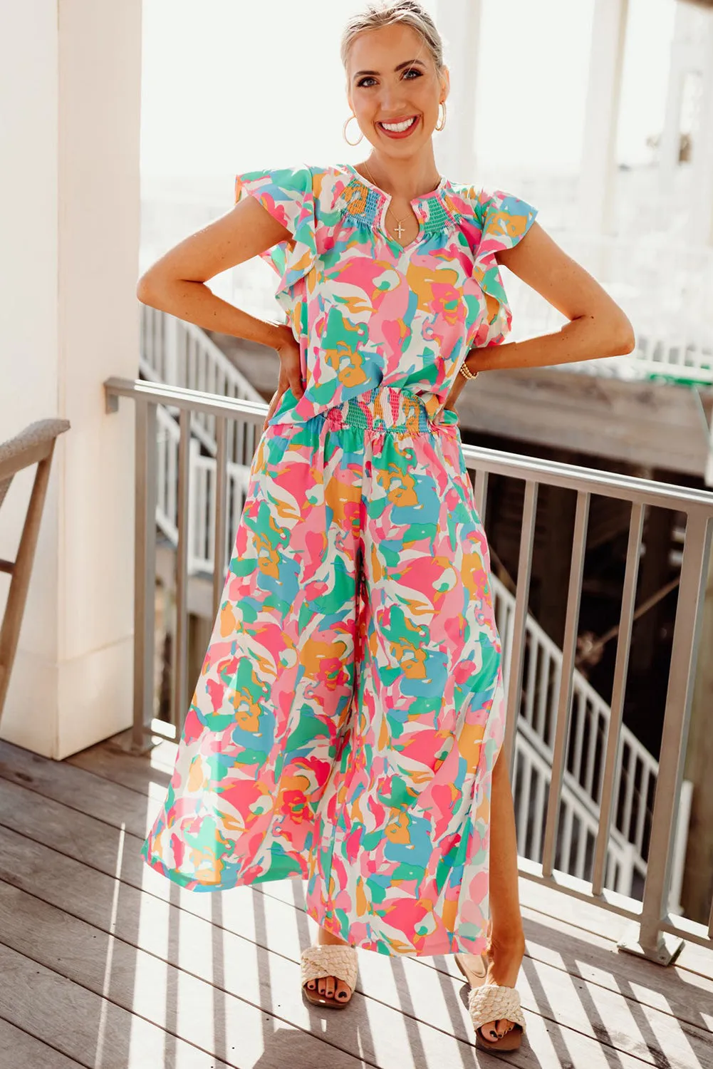Floral Ruffled Sleeve Top Smocked Wide Leg Trousers Set sold by eAura product image thumbnail 3
