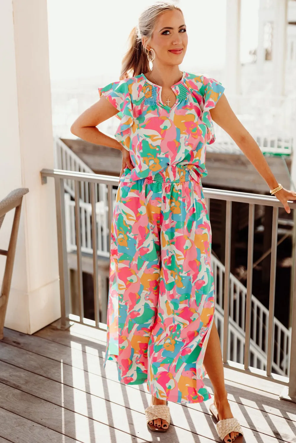 Floral Ruffled Sleeve Top Smocked Wide Leg Trousers Set sold by eAura product image thumbnail 2