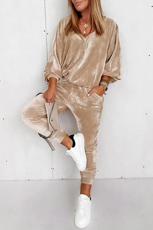Parchment Velvet Zipped Top and Joggers Two Piece Set sold by eAura