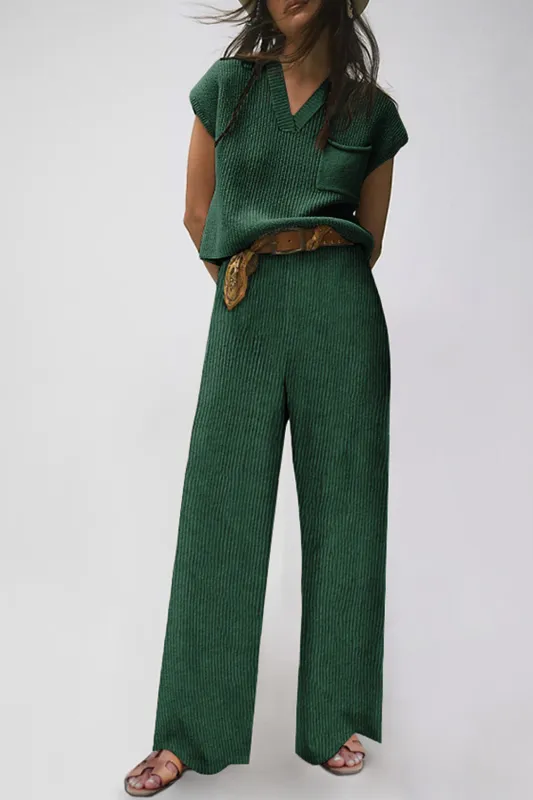 Green Knitted V Neck Sweater and Casual Trousers Set sold by eAura